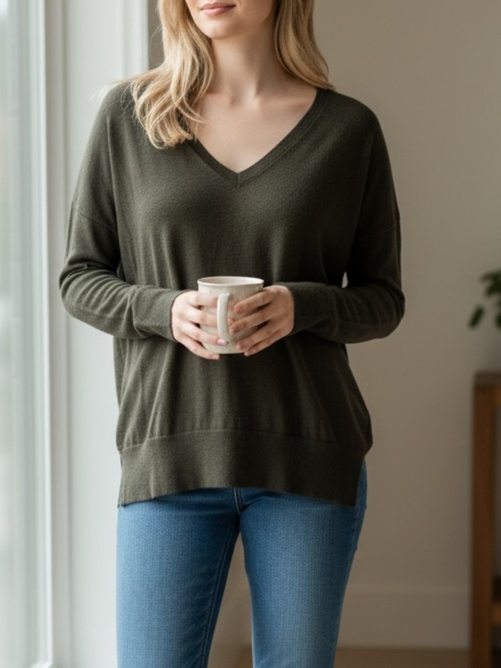 ZARA Green Brown Tone Wool Blend V Neck Lightweight Sweater